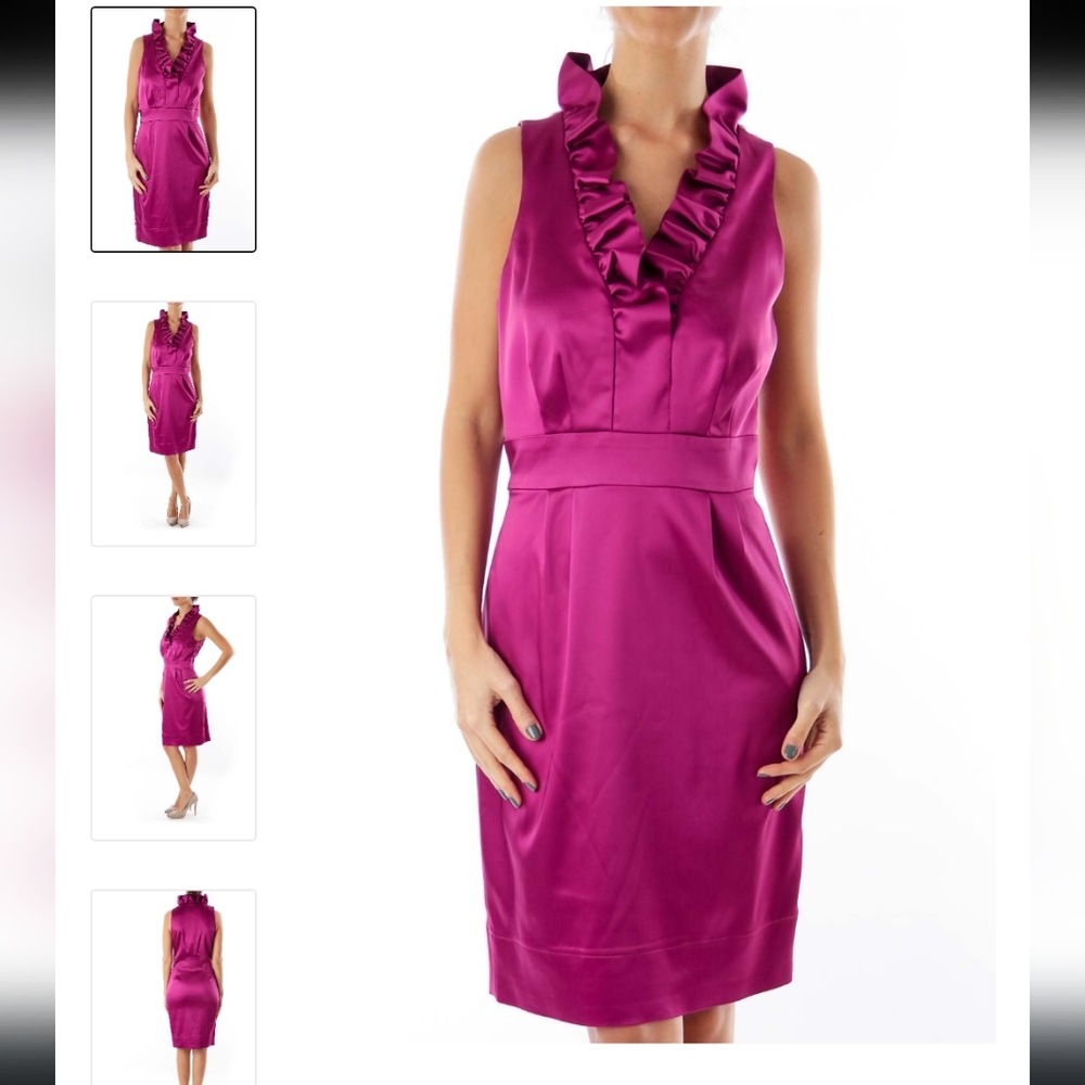 DARK PURPLE RUFFLE NECK SATIN SHEATH DRESS Wedding Special Occasion bodycon sz 2